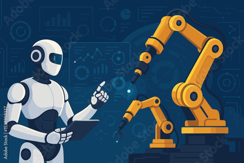 Futuristic robot with tablet managing robotic arm on production line. Artificial intelligence in smart factory. Concept of automation, industry 4.0, advanced manufacturing.