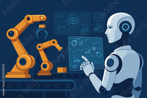 AI robot managing factory automation process. Humanoid android controlling robotic arms on conveyor belt via futuristic dashboard. Industry 4.0 smart manufacturing technology concept.