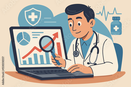 Doctor analyzing medical data on laptop with magnifying glass. Healthcare professional researches statistics, charts, graphs. Concept health insurance, market growth, diagnostics.