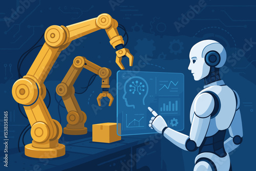Humanoid robot managing smart factory automation with AI. Android controlling industrial robotic arms on conveyor belt. Concept for Industry 4.0, future manufacturing, technology.