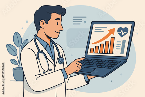 Doctor analyzing healthcare growth data on a laptop. Medical report with chart showing positive results. Concept for health tech, digital medicine, research, hospital success.