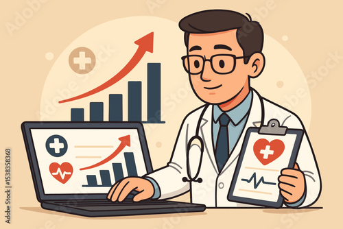 Healthcare growth analysis concept. Doctor with laptop analyzes medical data. Financial statistics and hospital performance report with rising chart. Digital health, telehealth success.