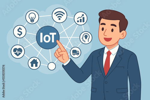 Businessman presents Internet of Things concept. IoT network connecting smart devices for home, health, finance, and logistics. Digital innovation and automation technology vector.