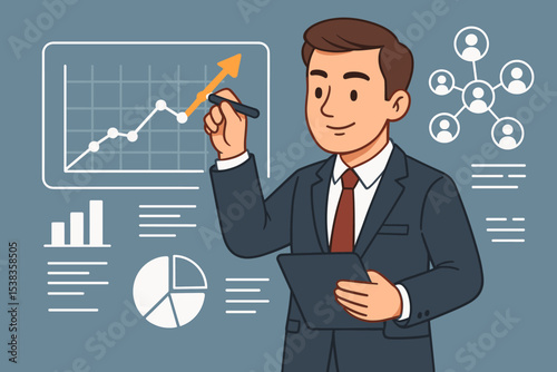 Businessman analyzing data for business growth strategy. Professional manager presenting financial report with graphs and charts. Concept of success, marketing, and investment.