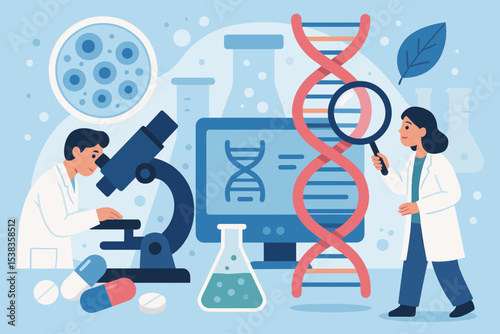 Biotechnology research concept with scientists in a laboratory. A man with a microscope and a woman with a magnifier analyzing a DNA helix. Genetic engineering, medical innovation, pharmacy vector.