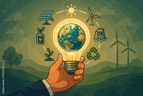 Eco friendly energy concept with hand holding lightbulb containing Earth. Surrounded by renewable power icons like solar panel, wind turbine, hydro dam and recycle symbol. Green future.