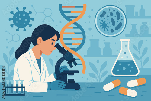 Biotechnology research concept with scientist using microscope. Laboratory scene with DNA, virus, test tubes and pills. Medical, pharmaceutical, genetic and vaccine innovation.