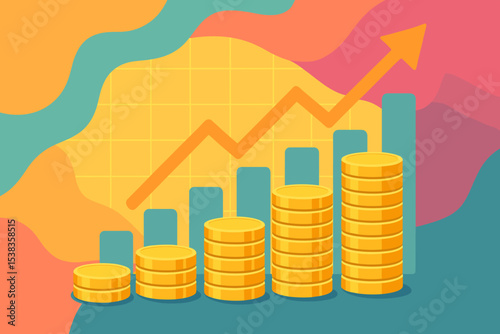 Financial growth concept with stacks of gold coins and an upward arrow graph. Business investment, profit, and success illustration. Economy rise and revenue increase vector chart.
