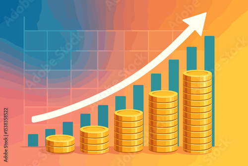 Financial growth concept with stacks of gold coins and an upward arrow on a bar chart. Business investment success, profit increase, and economic progress vector illustration.