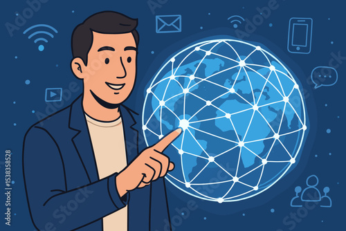 Global communication concept with businessman touching a futuristic world globe. Digital network, internet technology, big data, and business connection vector illustration with icons.