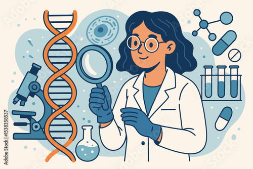 Biotechnology concept with female scientist in laboratory. Woman researcher working on genetics with DNA helix, microscope, and test tubes. Medical innovation and scientific discovery.