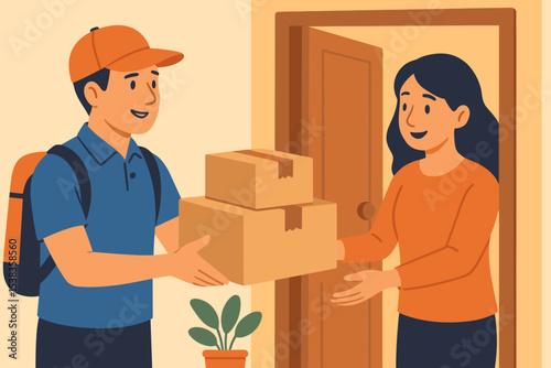 Courier delivering packages to a woman at her door. Home delivery service concept. E-commerce and online shopping. Man hands parcels to happy customer. Shipping and logistics vector.