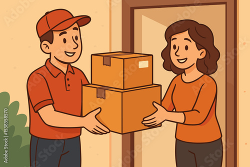Courier delivering cardboard box parcels to a happy woman at her home doorstep. Concept for e-commerce, online shopping, fast shipping service, and efficient logistics industry.