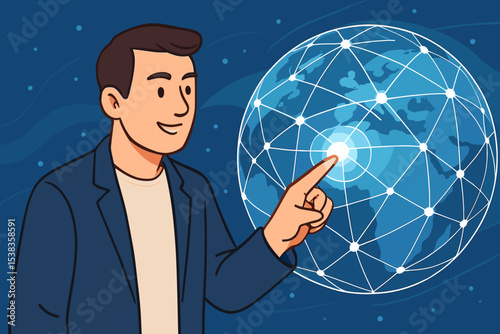 Cartoon businessman touching a glowing digital globe. Concept for global network, internet technology, communication, and international business. Worldwide connection and innovation.