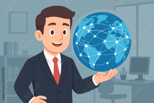 Businessman in office holding a glowing globe showing a digital network. Concept for global business, communication, internet technology, international trade, and visionary strategy.