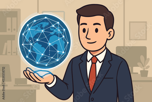 Visionary businessman holding a glowing digital globe with a network. Concept for global business, technology, worldwide communication, globalization, innovation, and corporate strategy.