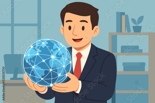 Businessman holding a glowing globe representing a global network. Concept of international business, technology, communication. Visionary leader with a worldwide strategy. Future.