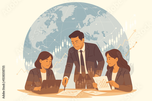 Global business collaboration concept. Team of people in a meeting analyzing financial data. Stock market trading and investment strategy with globe and charts in background.
