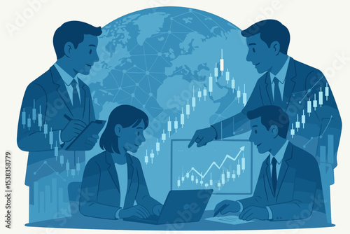 Business team analyzing financial data for global market strategy. People in a meeting discuss stock trading and investment growth with charts on a screen. Collaboration and teamwork concept.