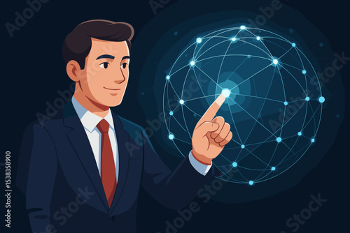 Businessman touching global network connection. Man in suit pointing at glowing digital sphere. Concept for future technology, innovation, worldwide communication, data, and business.