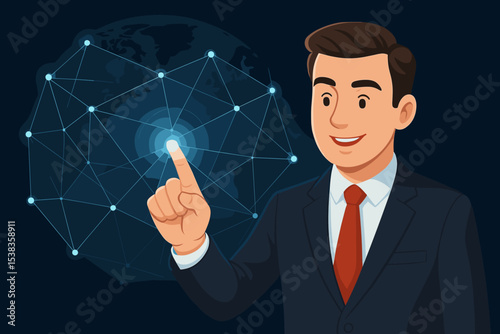 Businessman touching a glowing node on a digital global network. Man in suit interacting with a virtual interface. Future technology, communication, and internet business concept.