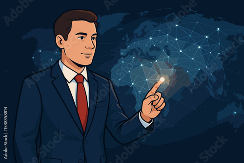 Businessman touching global network connection on a world map. Concept of international business, technology, and communication. Digital strategy for a connected future. Vector.
