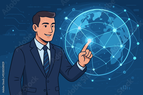 Businessman touching futuristic global network interface. Concept of innovation, big data, internet connection, and worldwide communication. Digital transformation and business technology.