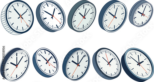 Contemporary Round Wall Clock with Black Hands Bright Orange Second Hand and Dark Blue Rim on Light Blue Backdrop