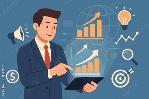 Digital business analysis concept. Businessman with tablet analyzing financial data. Marketing strategy, investment growth chart, global development, profit, idea, and research vector.