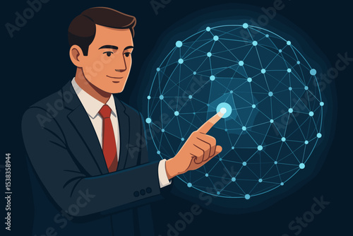 Businessman touching global network. Future technology concept. Man interacts with glowing data sphere, digital interface. Business innovation, internet, big data, connectivity.