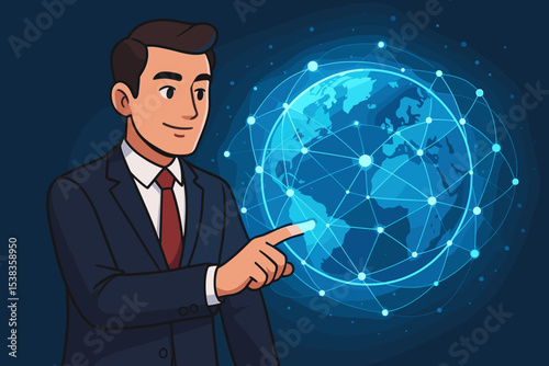 Businessman touching a glowing digital earth hologram. Concept of a global network, futuristic technology, internet connection, international business, and communication innovation.