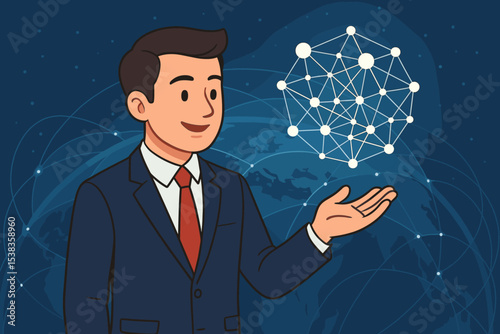 Businessman with a global networking vision. Concept of future technology, connectivity, and innovation. Man presenting complex data structure, AI, big data, and digital transformation.