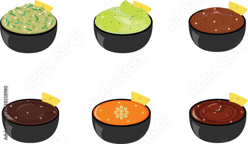 The Mexican dip with bowl-Avocado cream, Salsa green, Chile Pasilla Sauce, Tamarind Sauce, Peanut Sauce, Chile Morita Sauce
