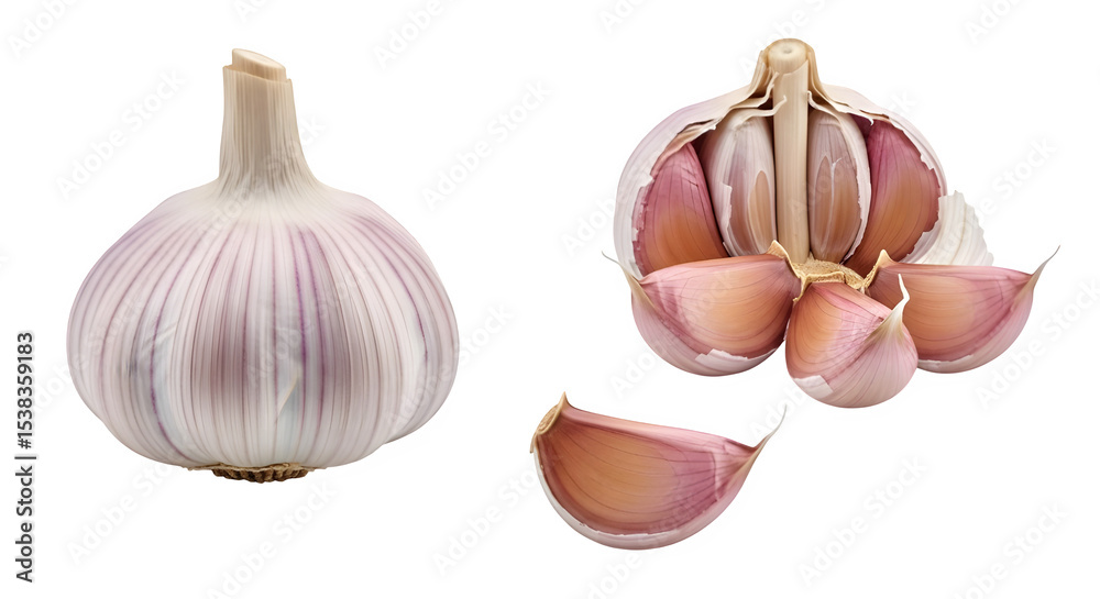 Fototapeta premium Fresh Garlic Bulbs Cloves Isolated on transparent background Culinary Ingredient Food Photography Healthy Eating Recipe Vegetable Aromatic Spice
