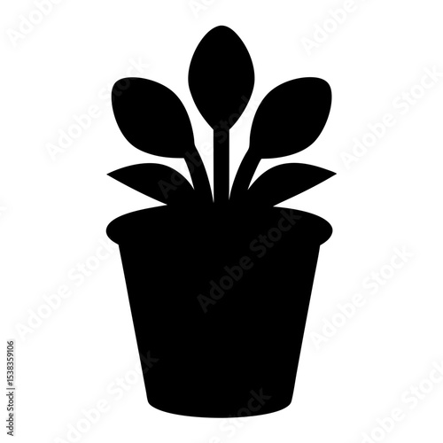 Silhouette of a potted plant with simple stylized leaves and stems