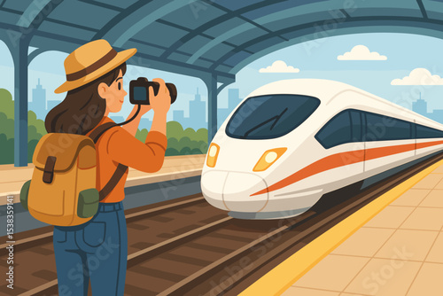 Woman traveler with backpack taking photo of high speed train at station platform. Female tourist photographer on vacation. Concept of journey, tourism, adventure, and transport.