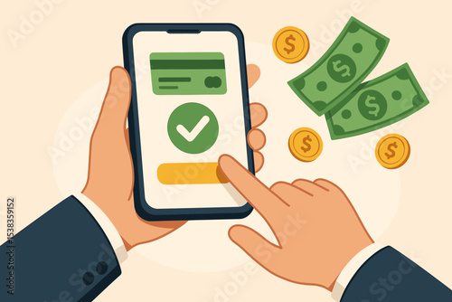 Successful mobile payment concept. Businessman holding smartphone with transaction approved. Online banking app with credit card and checkmark. Fintech, e-commerce and finance.