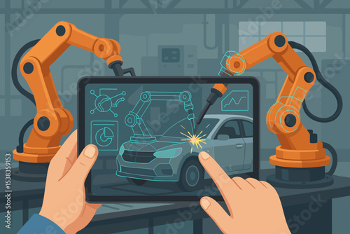 Engineer controlling robotic arm with augmented reality tablet for car welding on an assembly line. Smart factory concept with automation. Industry 4.0 technology for manufacturing.