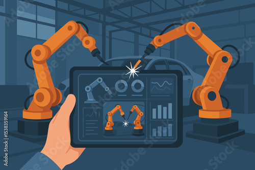 Augmented reality in smart factory. Engineer controlling robot arm welder on automotive assembly line via tablet. Industry 4.0, IoT, AI for car manufacturing and automation.