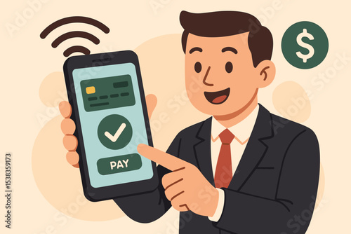 Businessman making a successful mobile payment using a smartphone application. Contactless transaction, secure money transfer, e-commerce, digital wallet, and online banking concept.