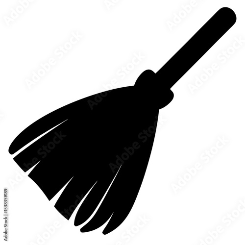 A Single Black Silhouette of a Witch's Broom on a White Background