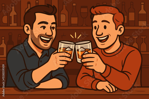 Two men toasting with whiskey glasses in a bar. Male friends making a cheers gesture and smiling. Happy friendship and celebration concept. Nightlife in a pub illustration.