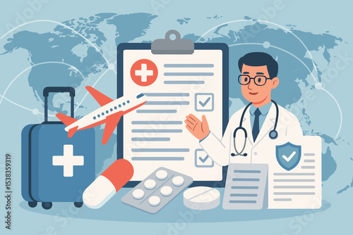 Medical tourism and travel health insurance concept. Doctor with checklist for international flight safety. Global healthcare illustration with airplane, world map, pills, and luggage.