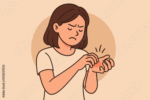 Woman suffering from itchy skin, scratching her hand with red rash. Concept for allergy, dermatitis, eczema, psoriasis. Skin disease, irritation and inflammation symptom vector.