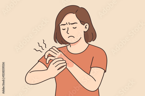 Woman scratching itchy hand suffering from allergy, rash, or dermatitis. Unhappy girl with skin problem, irritation, eczema. Healthcare and dermatology medical concept vector.