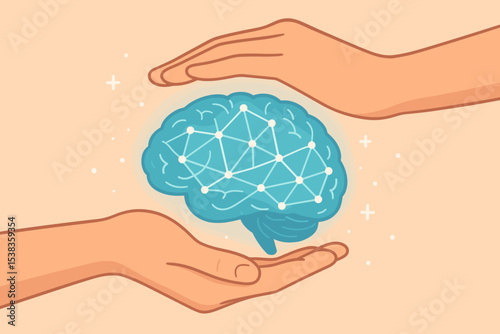 Mental health protection concept. Hands holding a brain with a neural network. Psychology, mind care, well-being, and support. Neurology, consciousness, intellect, ideas, AI safety.