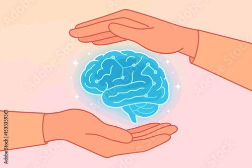 Mental health and brain protection concept. Hands carefully holding glowing AI brain. Psychology, neuroscience, wellness, mindfulness, intellectual care and therapy support vector.