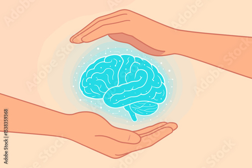 Mental health and psychology concept. Human hands protecting a glowing brain. Mind care, intellectual wellness, and therapy metaphor. Neurological safety and cognitive support.