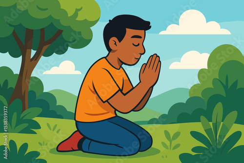 Boy praying in nature. Child kneeling on grass with hands together in prayer. Concept of faith, spirituality, gratitude, hope, and peace. Peaceful worship cartoon vector illustration.