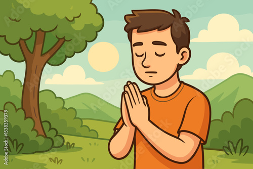 Cartoon boy praying in nature landscape. Child with hands in prayer shows gratitude and respect. Concept of faith, spirituality, mindfulness, peace, meditation, and worship.